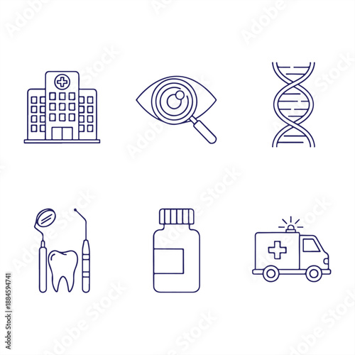 A collection of medical icons including a hospital, eye, DNA, dental tools, medication, and ambulance