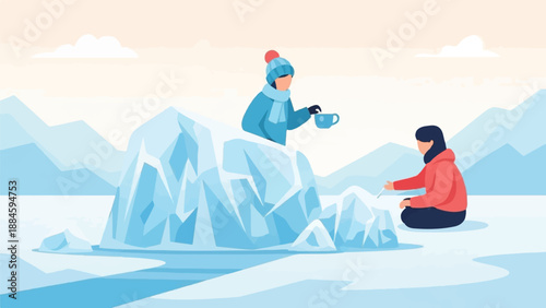 Two people enjoying a warm drink amidst a cold, icy landscape