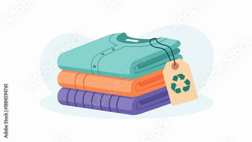 Stacked folded clothing with a recycling tag