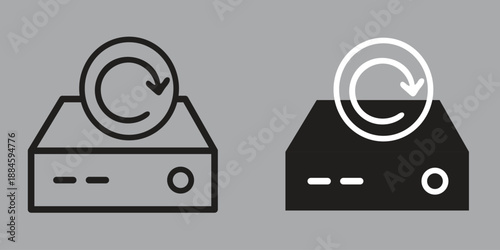 Two vector illustrations of computer hardware with refresh or recycle icon indicating data backup or restoration process