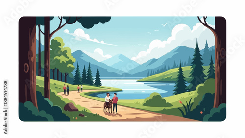 Serene mountain lake landscape with a wooded path and people