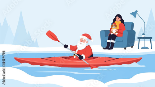Santa Claus kayaks while a woman relaxes indoors with her dog