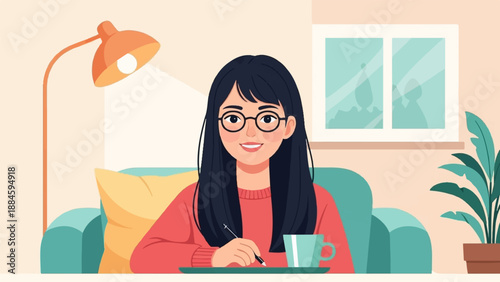 Young woman in glasses sits on a sofa, writing and drinking coffee