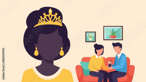 Princess in foreground, couple on couch with drinks in background