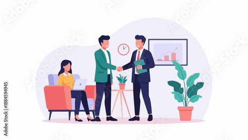 Two men shake hands in an office while a woman works on a laptop