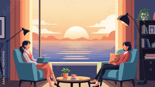 Two women relax in armchairs by a window, overlooking a sunset over the water