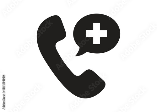 Medical emergency call icon, solid black telephone with health cross in speech bubble, urgent help
