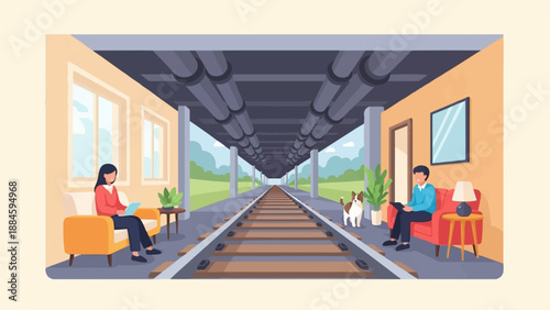 People and dog wait by railroad tracks under a covered platform