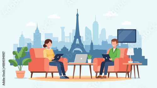 Two people on sofas with laptops in front of Parisian skyline