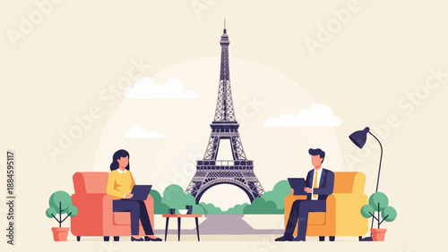 Two people sit on sofas with laptops near Eiffel Tower in Paris