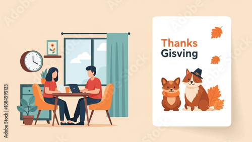 Two figures work at a table while two dogs sit with autumn leaves and text