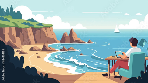 Person working on laptop by the ocean, with cliffs and sailboat