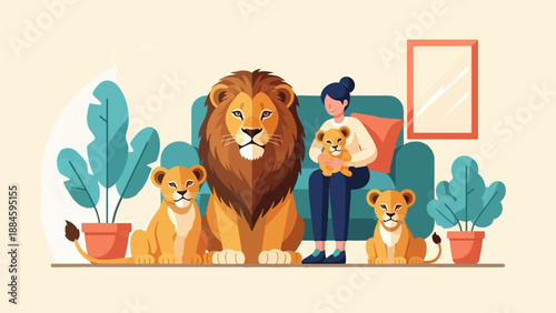 Woman with lions, cubs, and plants on a couch in a room