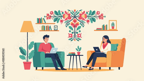 Two people working on laptops in a cozy living room with plants and books