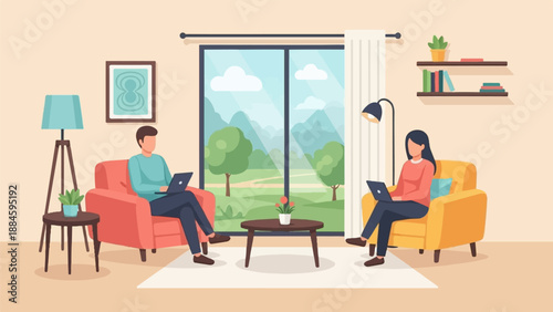 Two people work on laptops in comfortable armchairs, indoor scene with window view