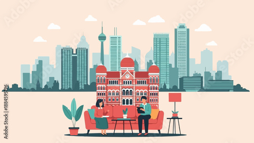 Two people converse on a sofa with a historic building and modern cityscape behind them