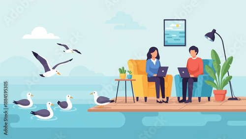 Remote workers relax on a wooden deck by the sea with seagulls flying