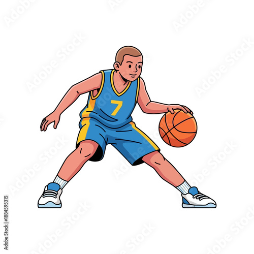 Young basketball player dribbling ball in blue and yellow uniform, active lifestyle