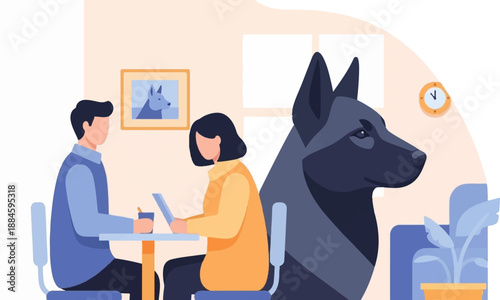 People and dog in a bright room, working and relaxing