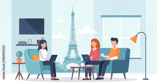 People working on laptops in Paris with Eiffel Tower view