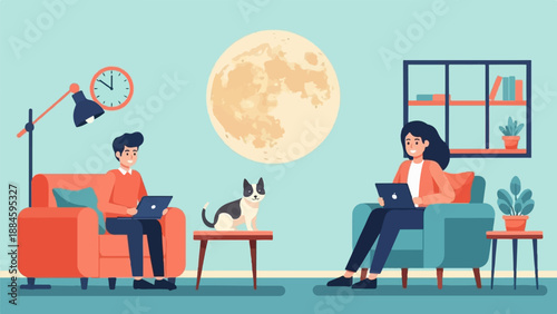 Two people work on laptops at home with a dog and a full moon