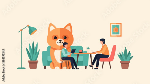 Two people working at a table with a giant dog nearby
