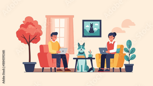 People working on laptops at home with a dog and plants