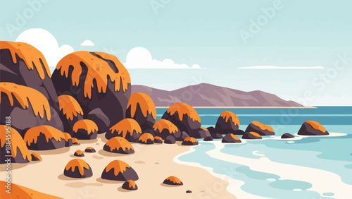 Stylized coastal landscape with rocks on a sandy beach and calm sea