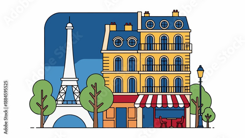 Stylized Parisian scene with a landmark tower, a multi-story building, trees, and street lamp