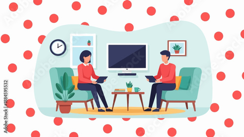 Two people sit in armchairs, looking at tablets, with a TV and plants