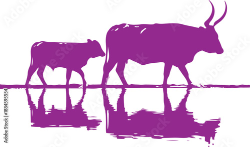 Cows walking along a path Vector, illustration