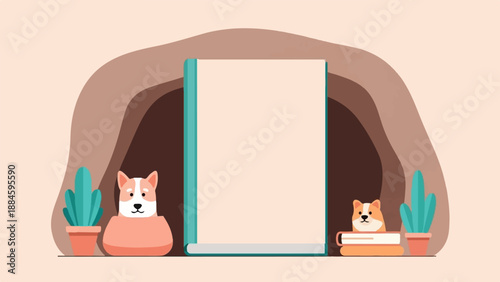 Two cute dogs flank a large blank book and two potted plants