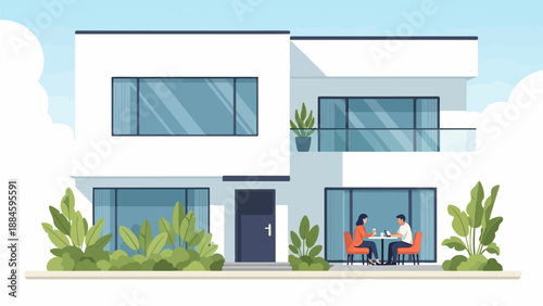 Modern white house with two people dining on patio, surrounded by green plants