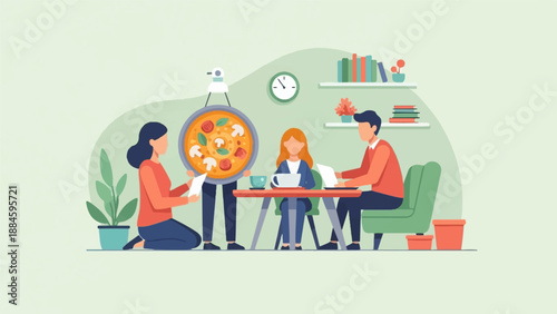 People gathered around table, with pizza, plants, and books on shelf