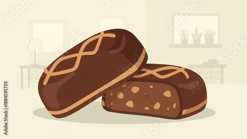 Two chocolate confections sit in a softly lit room with decorative plants