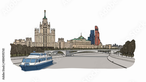 Stylized city skyline with modern and historical buildings on a river