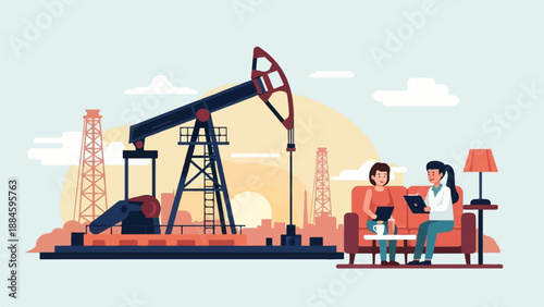 Two women consult on tablet beside oil pumpjack and derricks at sunset