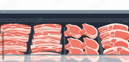 Rows of raw pork cuts in display case