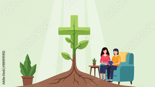 Two people sit on a couch reading books near a growing cross plant