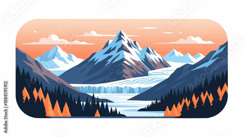 Pixelated mountain range with glacier and forest at sunset