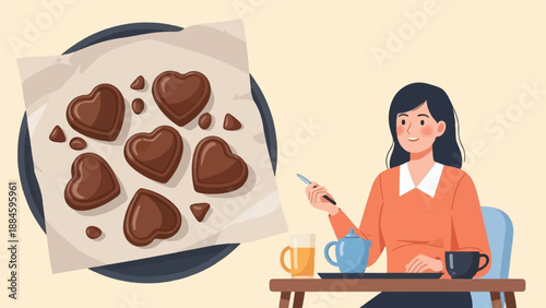 Woman enjoys tea and heart-shaped chocolates at a table