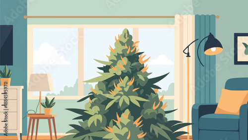 Vibrant green cannabis plant indoors next to furniture and window