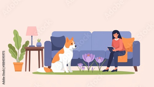 Woman and dog relax on couch with indoor plants and flowers