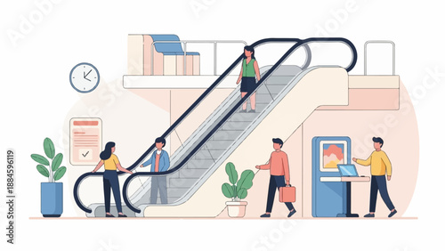 People using an escalator and interacting with technology in a modern space