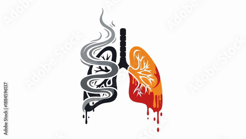 Stylized lungs, one filled with smoke, the other with flames and dripping