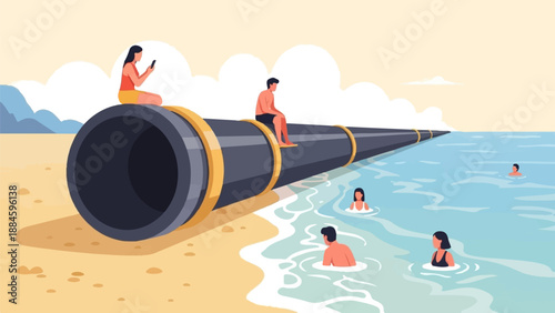 People relax at beach by large industrial pipe extending into ocean