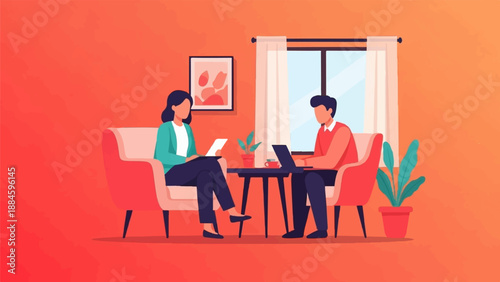 Two people working on laptops while sitting in comfortable armchairs in a room