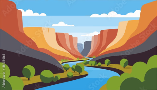 Stylized canyon with river and sparse trees under a cloudy sky