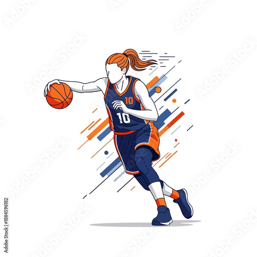 Female basketball player dribbling ball, dynamic action pose, modern graphic style