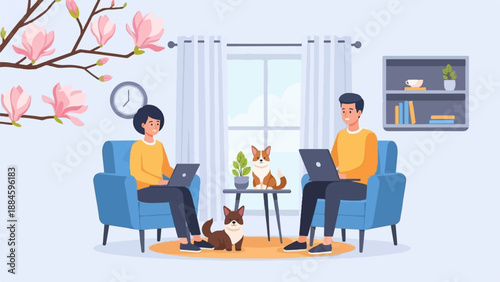 People working remotely with pets at home near a window